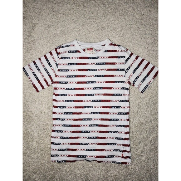 Levi’s Kids XL Striped Logo T-Shirt White Red Blue All Over Print Graphic Tee - Picture 1 of 3